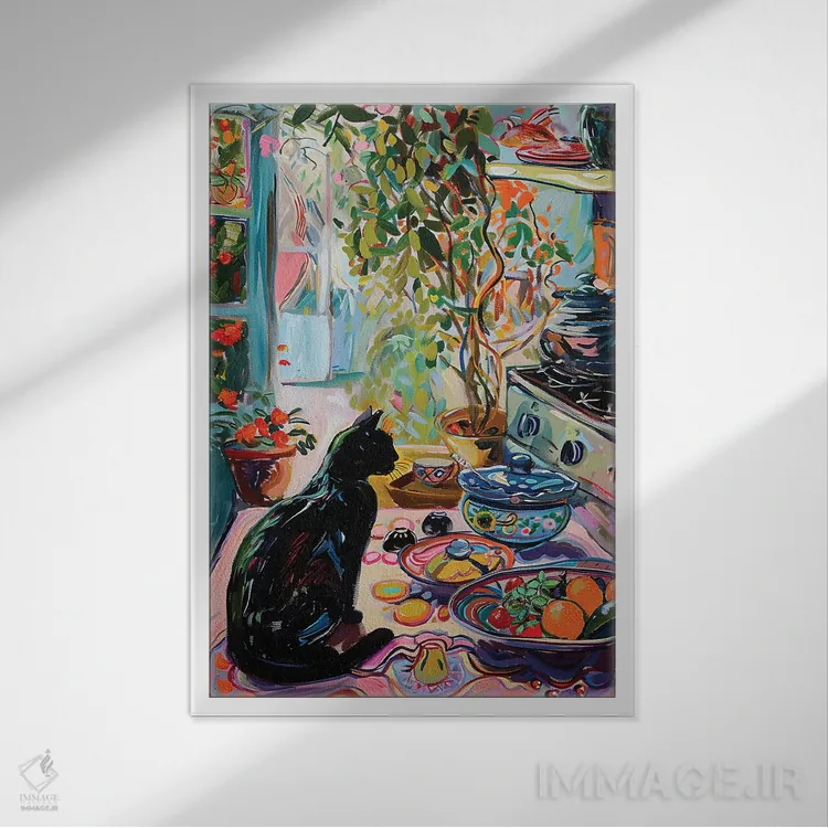 تابلو دکوراتیو گربه سیاه در آشپزخانه پرنور اثر ساشا رابینسون - نمای قابدار سفید