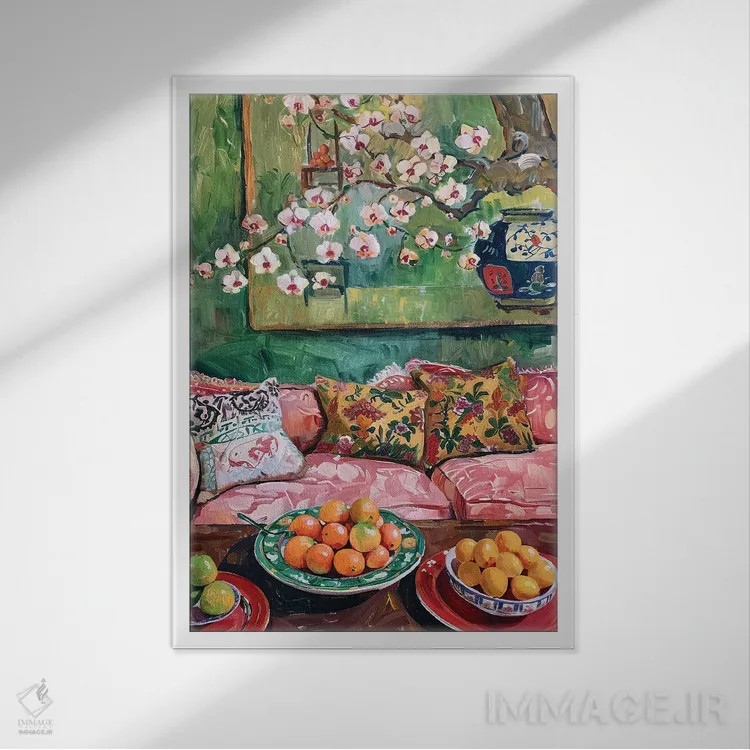 تابلو دکوراتیو اتاق نشیمن سیان با دیوارهای سبز اثر ساشا رابینسون - نمای قابدار سفید