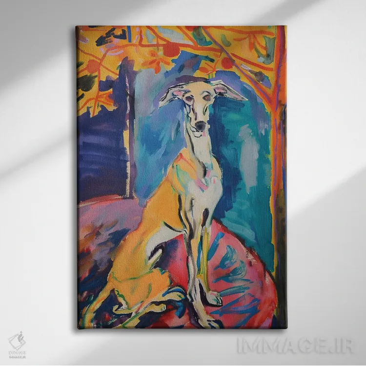 تابلو دکوراتیو سگ آزاوک و درخت پرتقال اثر ساشا رابینسون - نمای روبهرو روی دیوار