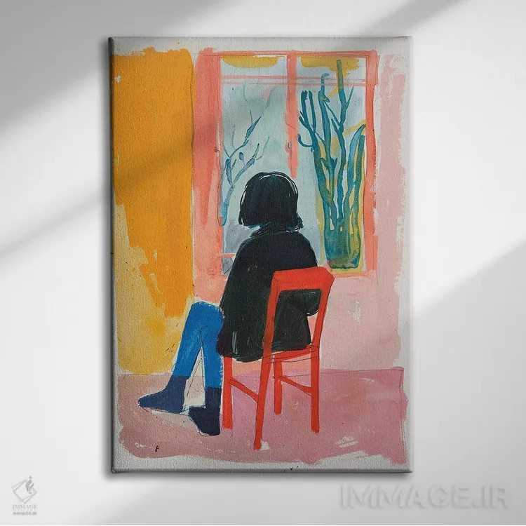 تابلو دکوراتیو دختر روی صندلی قرمز اثر ساشا رابینسون - نمای روبهرو روی دیوار