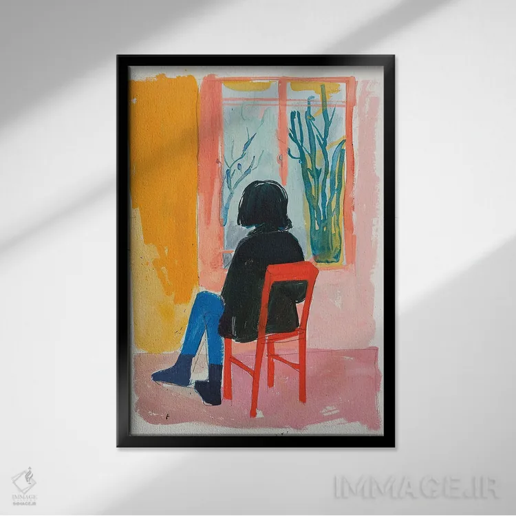 تابلو دکوراتیو دختر روی صندلی قرمز اثر ساشا رابینسون - نمای قابدار مشکی