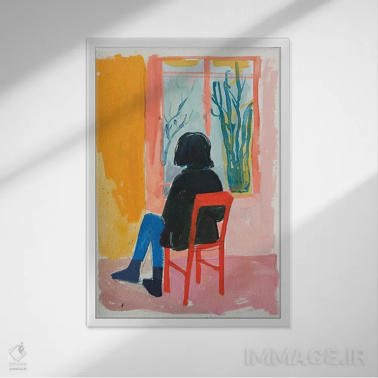 تابلو دکوراتیو دختر روی صندلی قرمز اثر ساشا رابینسون - نمای قابدار سفید