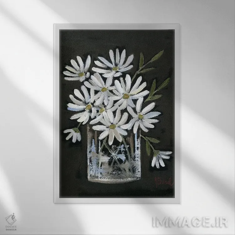 تابلو مدرن بابونه ها روی زمینه سیاه اثر کیت شریل - نمای قابدار سفید