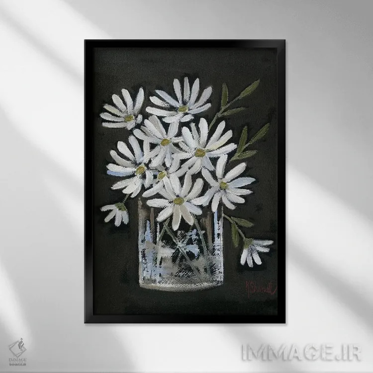 تابلو مدرن بابونه ها روی زمینه سیاه اثر کیت شریل - نمای قابدار مشکی