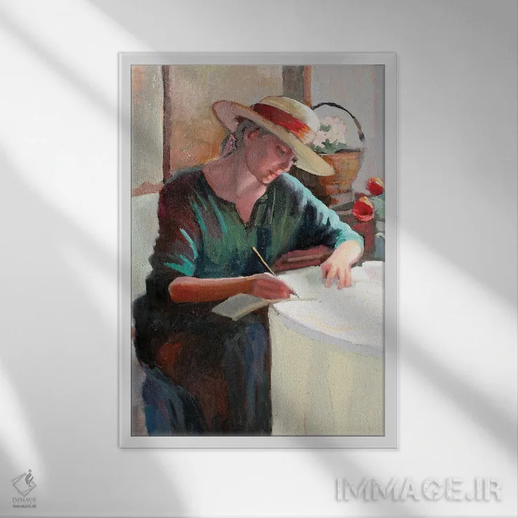تابلو دکوراتیو زن در حال نوشتن اثر سالی روزنبام - نمای قابدار سفید