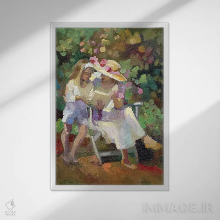 تابلو دکوراتیو بهار در باغ اثر سالی روزنبام - نمای قابدار سفید