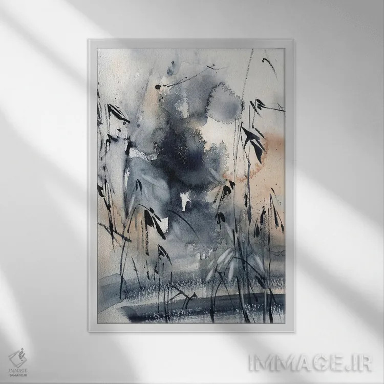 تابلو انتزاعی گیاهان دارویی آبی اثر سوفی روباورف - نمای قابدار سفید