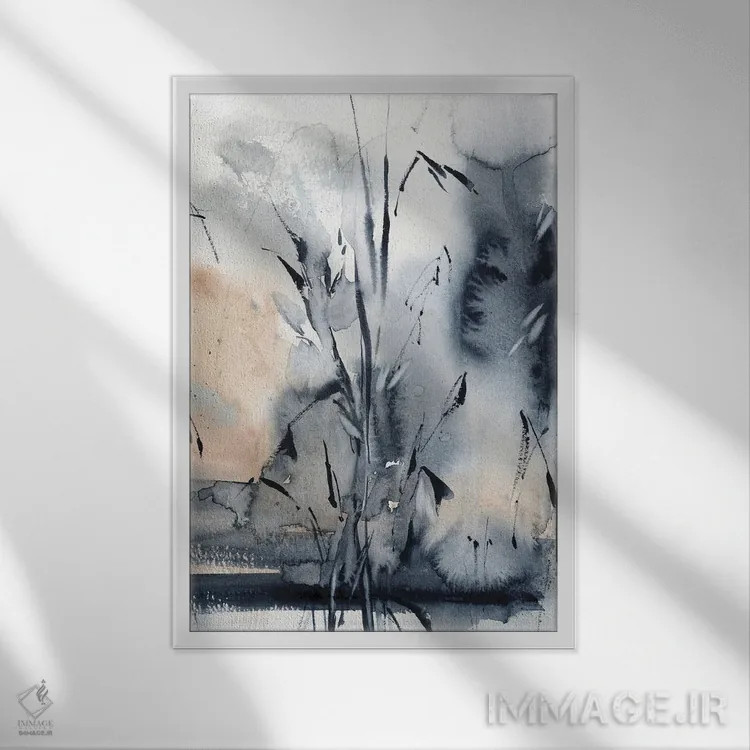 تابلو انتزاعی گیاهان دارویی آبی اثر سوفی روباورف - نمای قابدار سفید