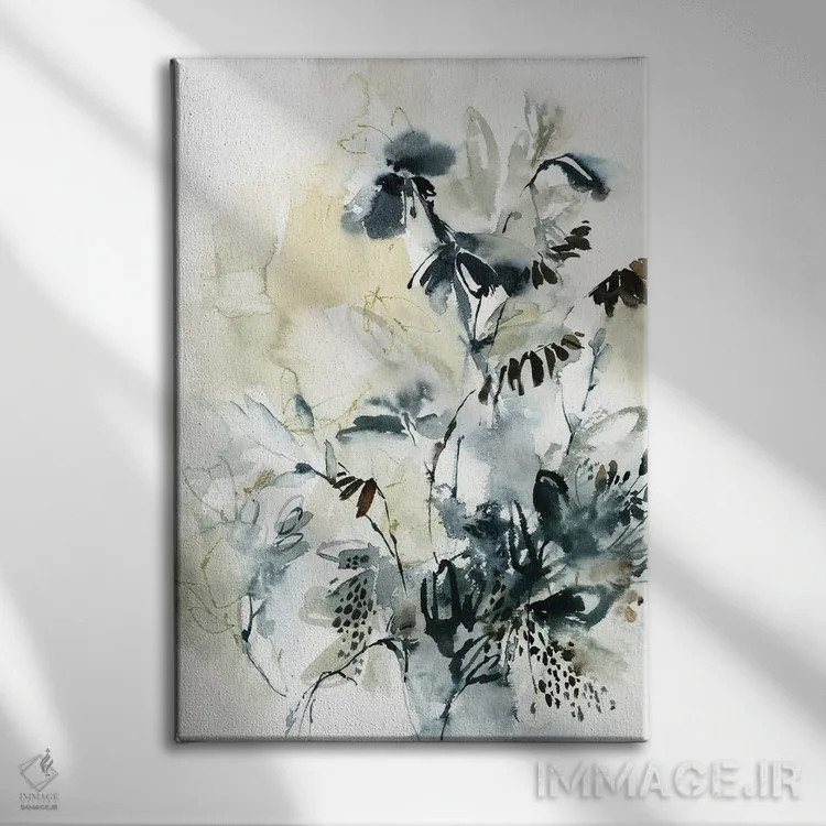 تابلو انتزاعی گیاهی در رنگ سبزآبی و قهوه ای روشن اثر سوفی روباورف - نمای روبهرو روی دیوار