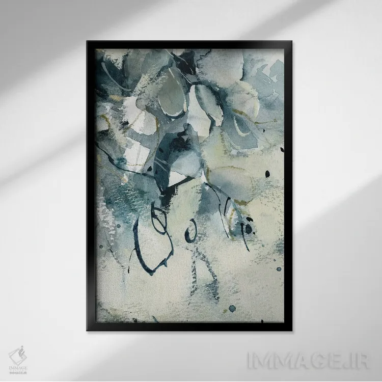 تابلو انتزاعی نقاشی انتزاعی گیاهی در سبزآبی و قهوه ای روشن اثر سوفی روباورف - نمای قابدار مشکی