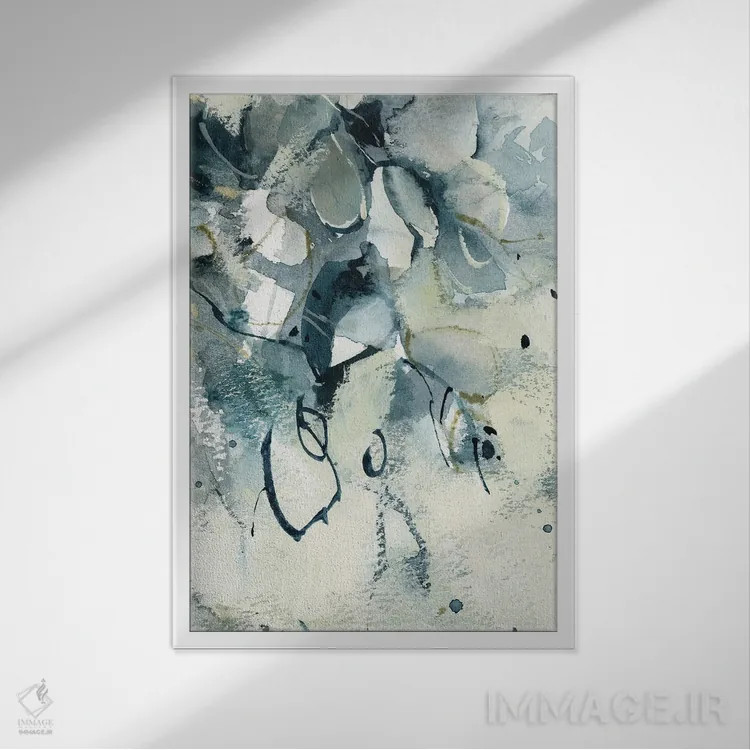 تابلو انتزاعی نقاشی انتزاعی گیاهی در سبزآبی و قهوه ای روشن اثر سوفی روباورف - نمای قابدار سفید