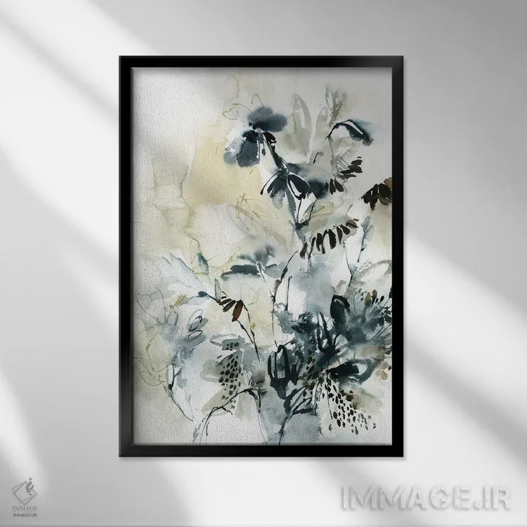 تابلو انتزاعی گیاهی در رنگ سبزآبی و قهوه ای روشن اثر سوفی روباورف - نمای قابدار مشکی