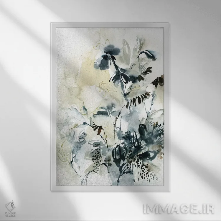 تابلو انتزاعی گیاهی در رنگ سبزآبی و قهوه ای روشن اثر سوفی روباورف - نمای قابدار سفید