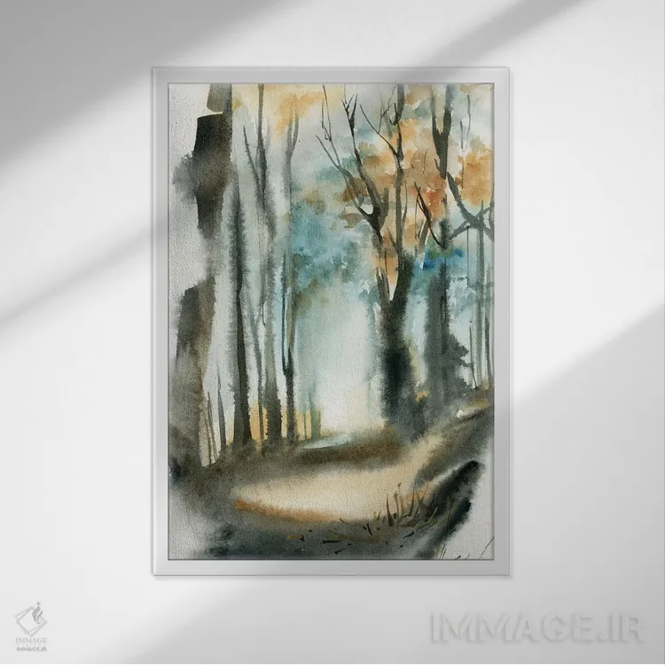 تابلو انتزاعی مسیر در جنگل پاییزی اثر سوفی روباورف - نمای قابدار سفید