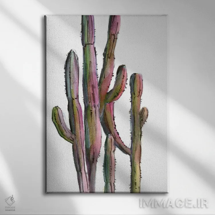 تابلو دکوراتیو کاکتوس ها در سبز و صورتی شماره ۲ اثر سوفی روباورف - نمای روبهرو روی دیوار