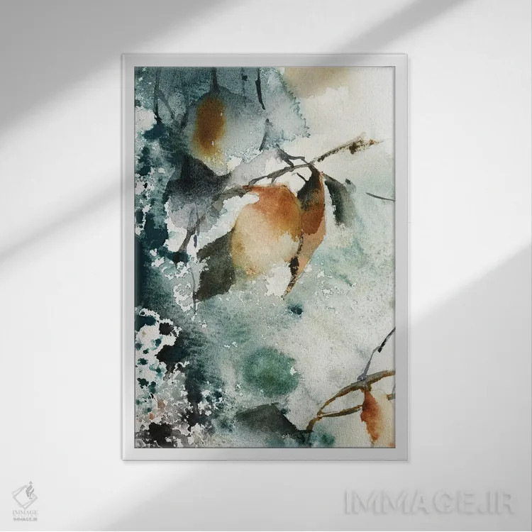 تابلو انتزاعی نقاشی انتزاعی گیاهی در سبزآبی و کهربایی شماره ۲ اثر سوفی روباورف - نمای قابدار سفید