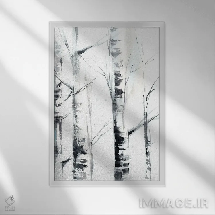 تابلو انتزاعی درختان توس I اثر سوفی روباورف - نمای قابدار سفید