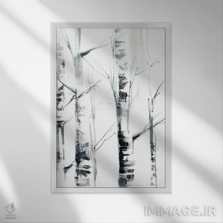 تابلو انتزاعی درختان توس I اثر سوفی روباورف - نمای قابدار سفید