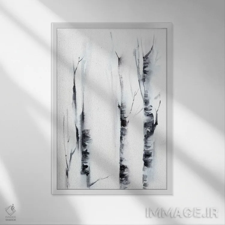 تابلو انتزاعی درختان توس II اثر سوفی روباورف - نمای قابدار سفید