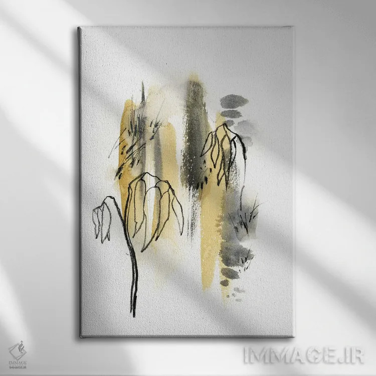 تابلو انتزاعی انتزاعی در زرد خردلی و سبز خاکستری II اثر سوفی روباورف - نمای روبهرو روی دیوار