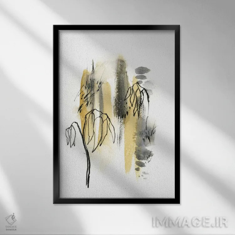 تابلو انتزاعی انتزاعی در زرد خردلی و سبز خاکستری II اثر سوفی روباورف - نمای قابدار مشکی