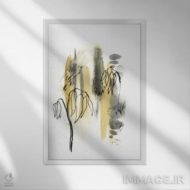 تابلو انتزاعی انتزاعی در زرد خردلی و سبز خاکستری II اثر سوفی روباورف - نمای قابدار سفید