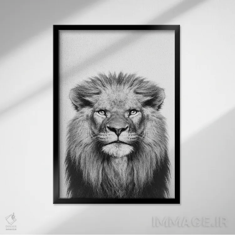 تابلو دکوراتیو شیر در سیاه و سفید اثر سیسی و سب - نمای قابدار مشکی