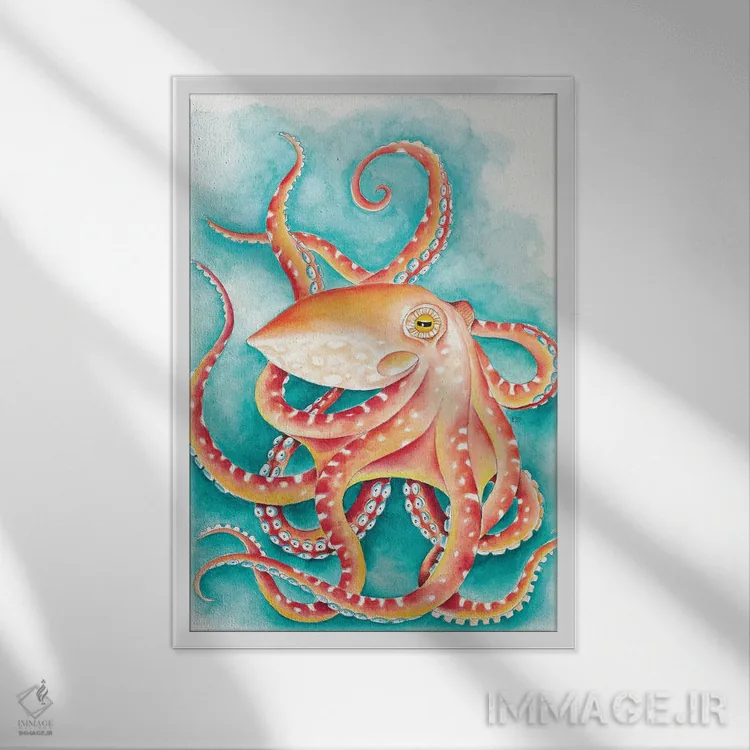 تابلو دکوراتیو نقاشی آبرنگ هشت پای نارنجی-قرمز روی زمینه سبزآبی اثر استودیو سون سیرنز - نمای قابدار سفید