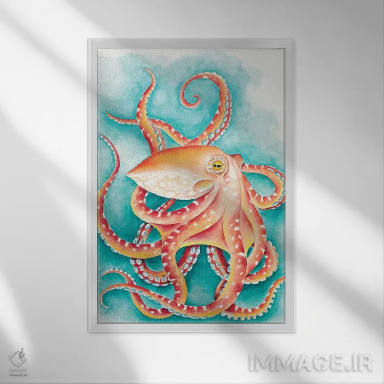 تابلو دکوراتیو نقاشی آبرنگ هشت پای نارنجی-قرمز روی زمینه سبزآبی اثر استودیو سون سیرنز - نمای قابدار سفید