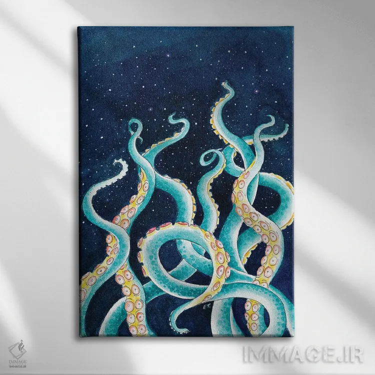 تابلو دکوراتیو شاخک های اختاپوس زیر آسمان شب پرستاره اثر استودیو سون سیرنز - نمای روبهرو روی دیوار