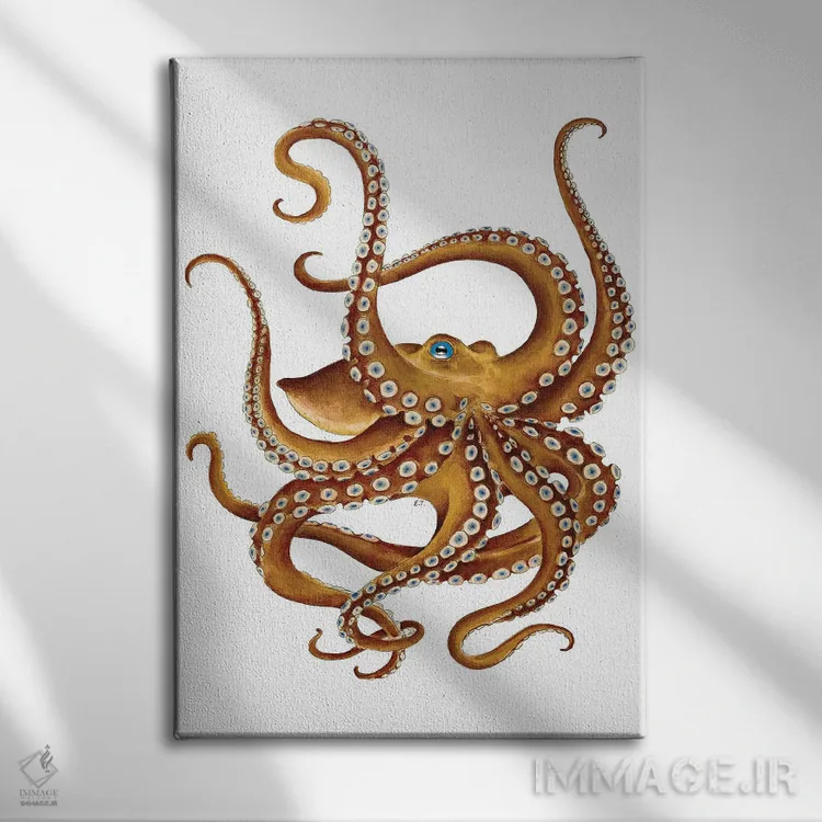 تابلو دکوراتیو اختاپوس قهوه ای با چشم آبی اثر استودیو سون سیرنز - نمای روبهرو روی دیوار