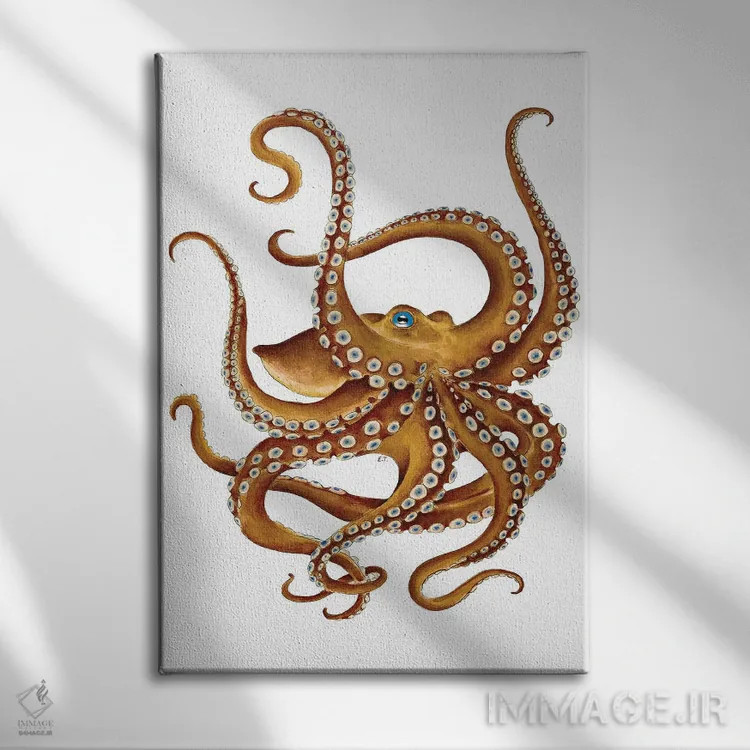 تابلو دکوراتیو اختاپوس قهوه ای با چشم آبی اثر استودیو سون سیرنز - نمای روبهرو روی دیوار