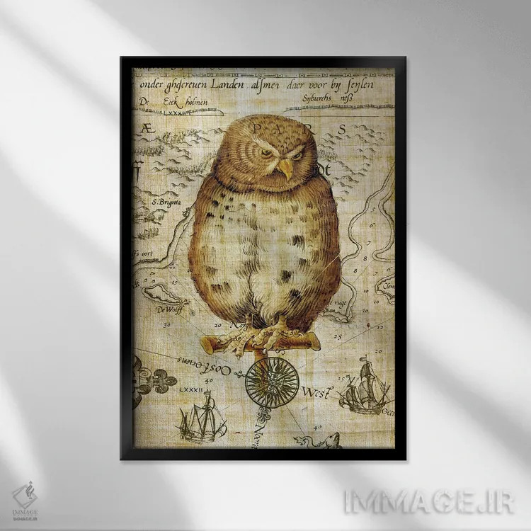 تابلو دکوراتیو جغد قدیمی روی پاپیروس دریایی اثر استودیو سون سیرنز - نمای قابدار مشکی