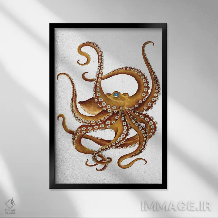 تابلو دکوراتیو اختاپوس قهوه ای با چشم آبی اثر استودیو سون سیرنز - نمای قابدار مشکی