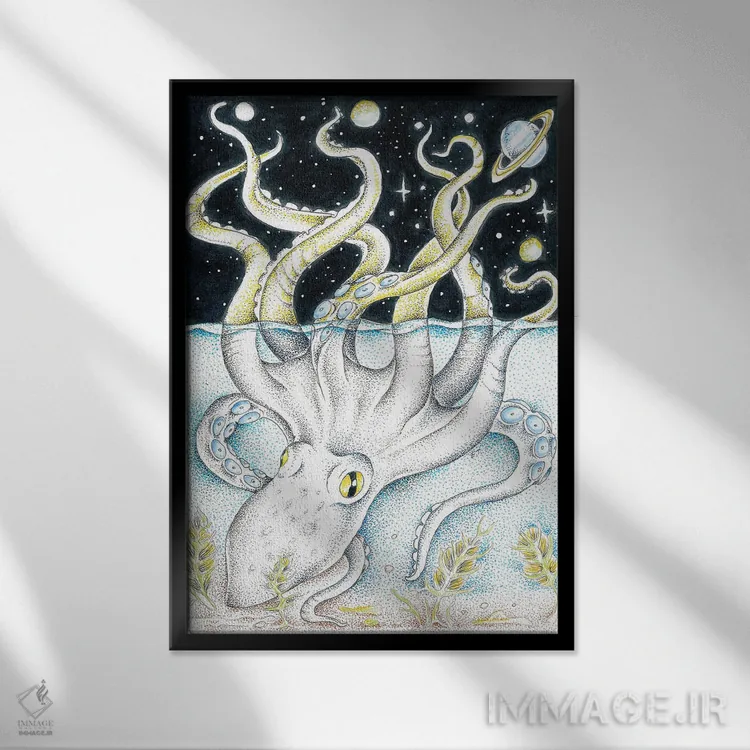 تابلو دکوراتیو نقاط جوهری هشت پا در کهکشان اثر استودیو سون سیرنز - نمای قابدار مشکی