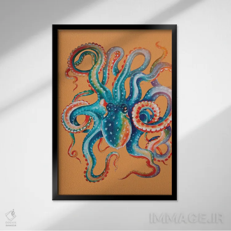 تابلو دکوراتیو اختاپوس سبزآبی روی زمینه نارنجی اثر استودیو سون سیرنز - نمای قابدار مشکی