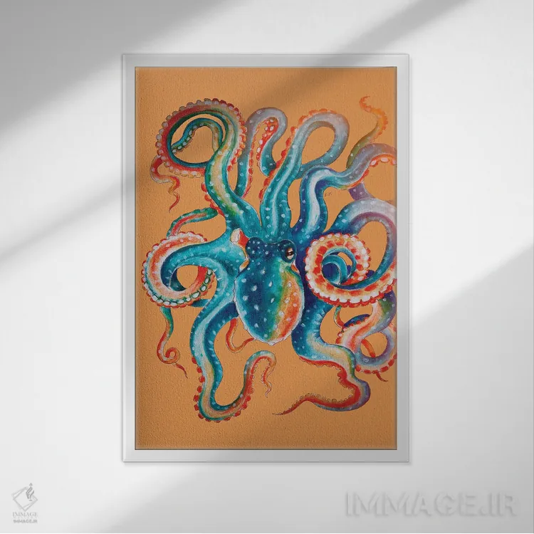 تابلو دکوراتیو اختاپوس سبزآبی روی زمینه نارنجی اثر استودیو سون سیرنز - نمای قابدار سفید