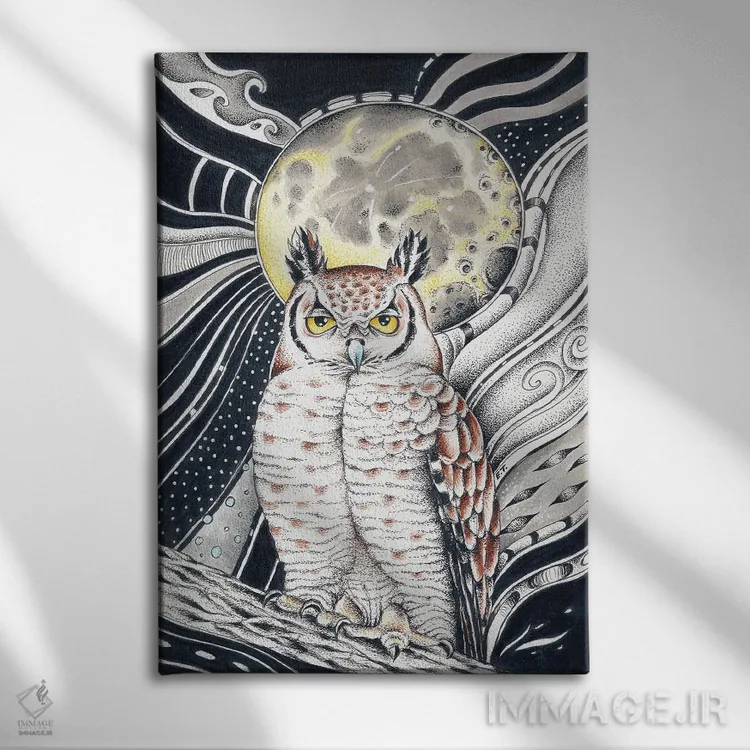 تابلو دکوراتیو جغد و ماه با مرکب اثر استودیو سون سیرنز - نمای روبهرو روی دیوار