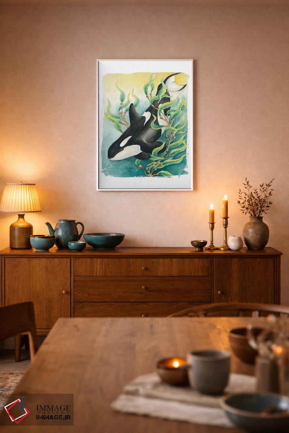 تابلو دکوراتیو نهنگ قاتل و جلبک دریایی سبزآبی اثر استودیو سون سیرنز - D5W
