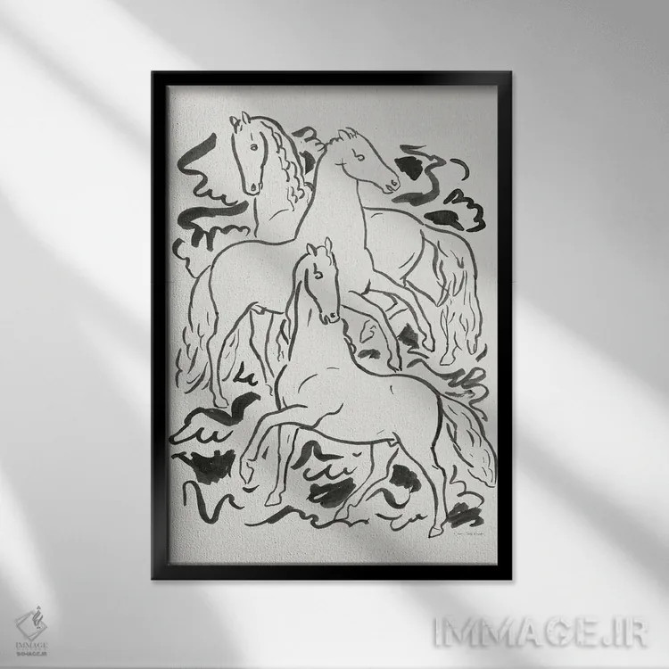 تابلو دکوراتیو سه اسب اثر طراحی سون تریز - نمای قابدار مشکی