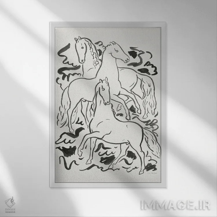 تابلو دکوراتیو سه اسب اثر طراحی سون تریز - نمای قابدار سفید