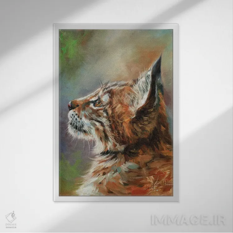 تابلو دکوراتیو گربه وحشی سیاه گوش اثر دیوید استریبلینگ - نمای قابدار سفید