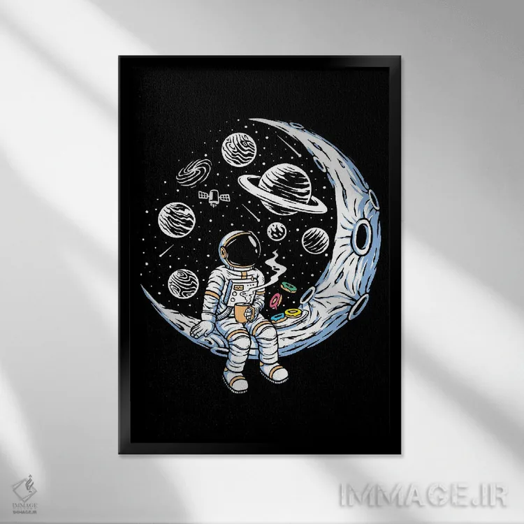 تابلو دکوراتیو قهوه و دونات روی ماه اثر جی استنلی - نمای قابدار مشکی