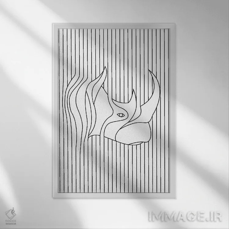 تابلو مینیمال کرگدن با طراحی خطی اثر جی استنلی - نمای قابدار سفید