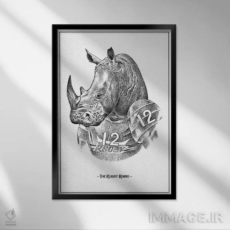 تابلو دکوراتیو کرگدن راگبی باز اثر جی استنلی - نمای قابدار مشکی