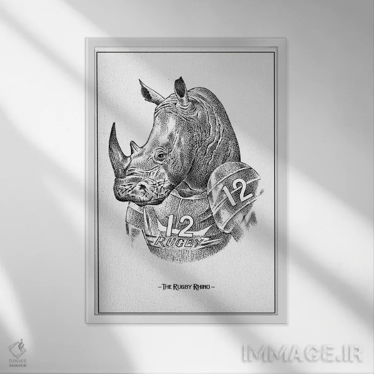 تابلو دکوراتیو کرگدن راگبی باز اثر جی استنلی - نمای قابدار سفید