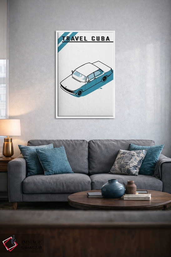 تابلو مینیمال سفر به کوبا؛ ماشین آبی اثر جی استنلی - D5W
