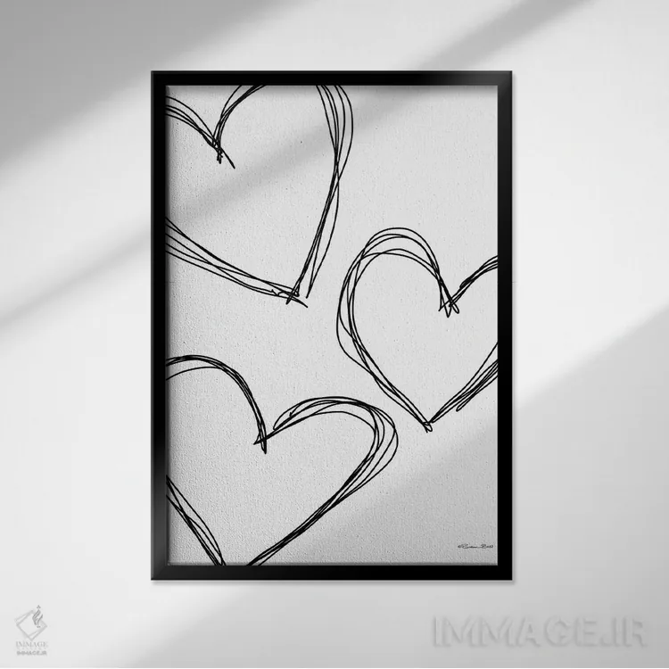 تابلو دکوراتیو قلب های خط خطی اثر سوزان بال - نمای قابدار مشکی