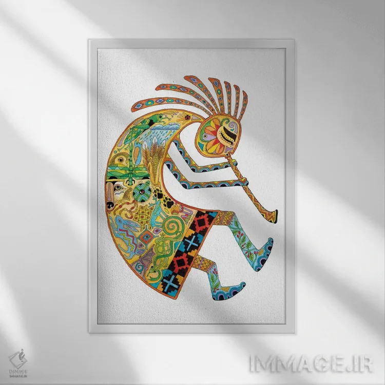 تابلو دکوراتیو کوکوپلی اثر سو کاکیا - نمای قابدار سفید