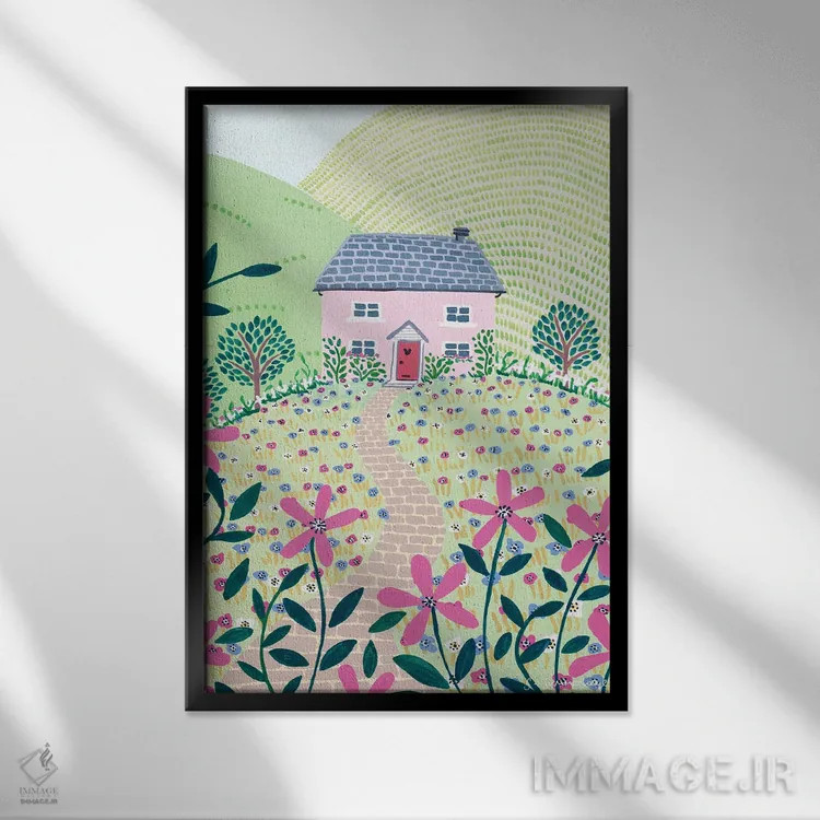 تابلو دکوراتیو کلبه صورتی اثر سیان سامرحیز - نمای قابدار مشکی